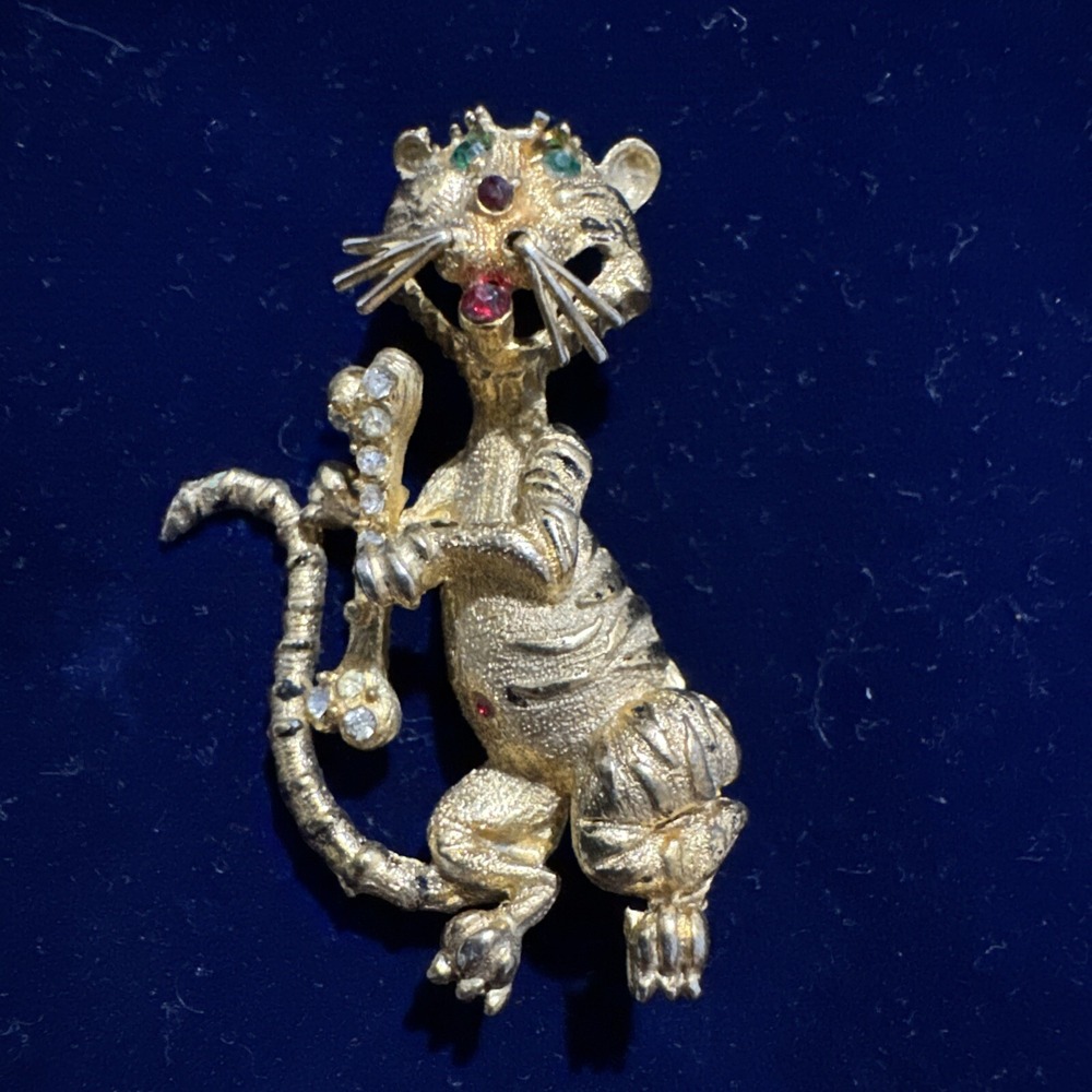 Vintage HOBCO Gold TIGER w/ Bone rhinestone Brooch © 66 House of Borvani RARE